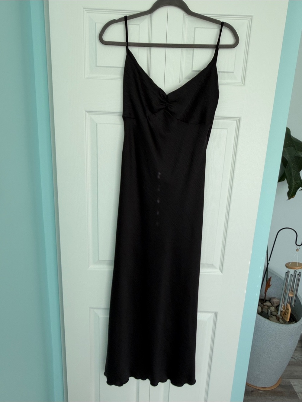 Bebe Black Slip Midi Dress with Adjustable Straps and Drape Back